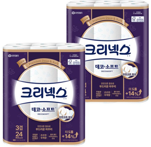 크리넥스 3겹 천연펄프 데코 앤 소프트 화장지 2팩